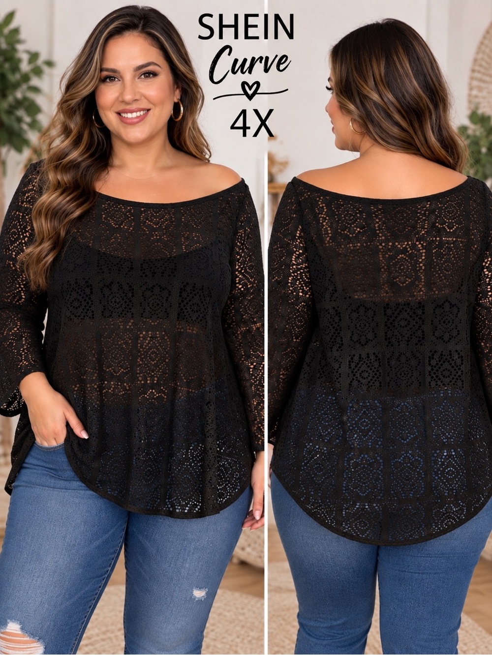 SHEIN Curve 4XL Black Crochet Lace Off Shoulder Tunic Top